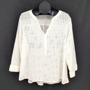 Ivory‎ Eyelet Cutout Tunic Top Crochet Coastal Resort Minimalist 3/4 Sleeve 3X